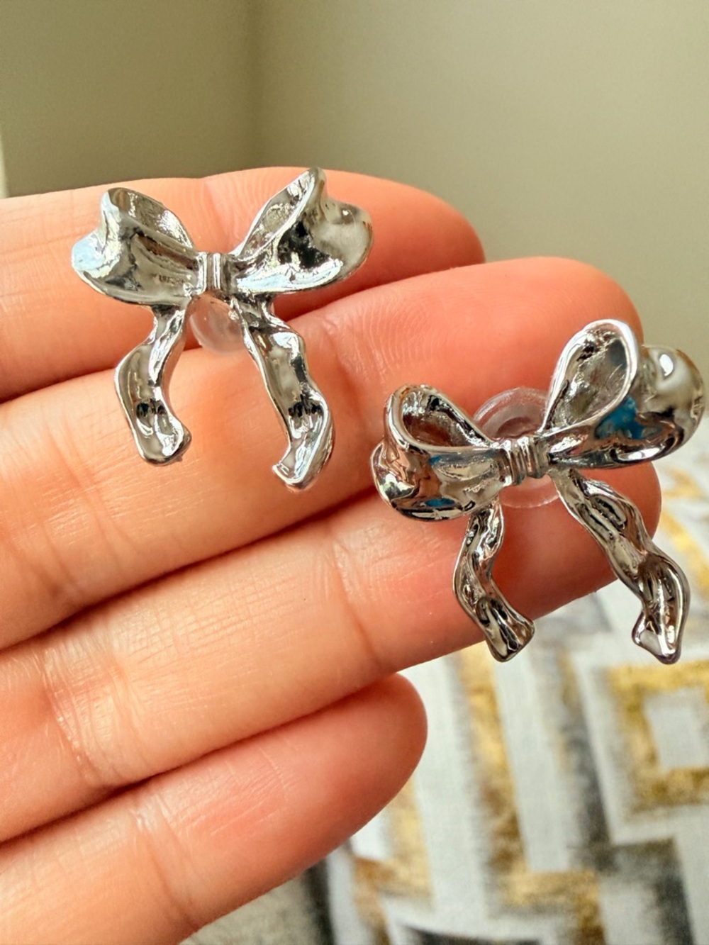 Silver Bow Stud Earrings - Shiny Bow Design